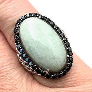 Jade of Yesteryear Sterling Silver Womens Ring Green Jade Black Spinel Size 6